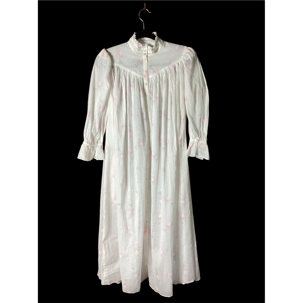 Vtg Eileen West Queen Anne's Lace Floral Cotton 3/4 Puff Slv Nightgown Pockets S